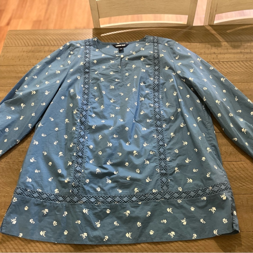 Lands End Blue Floral Long Sleeve Top